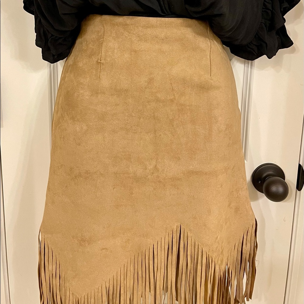 Fringe Hem Suede Pencil Skirt - Tan